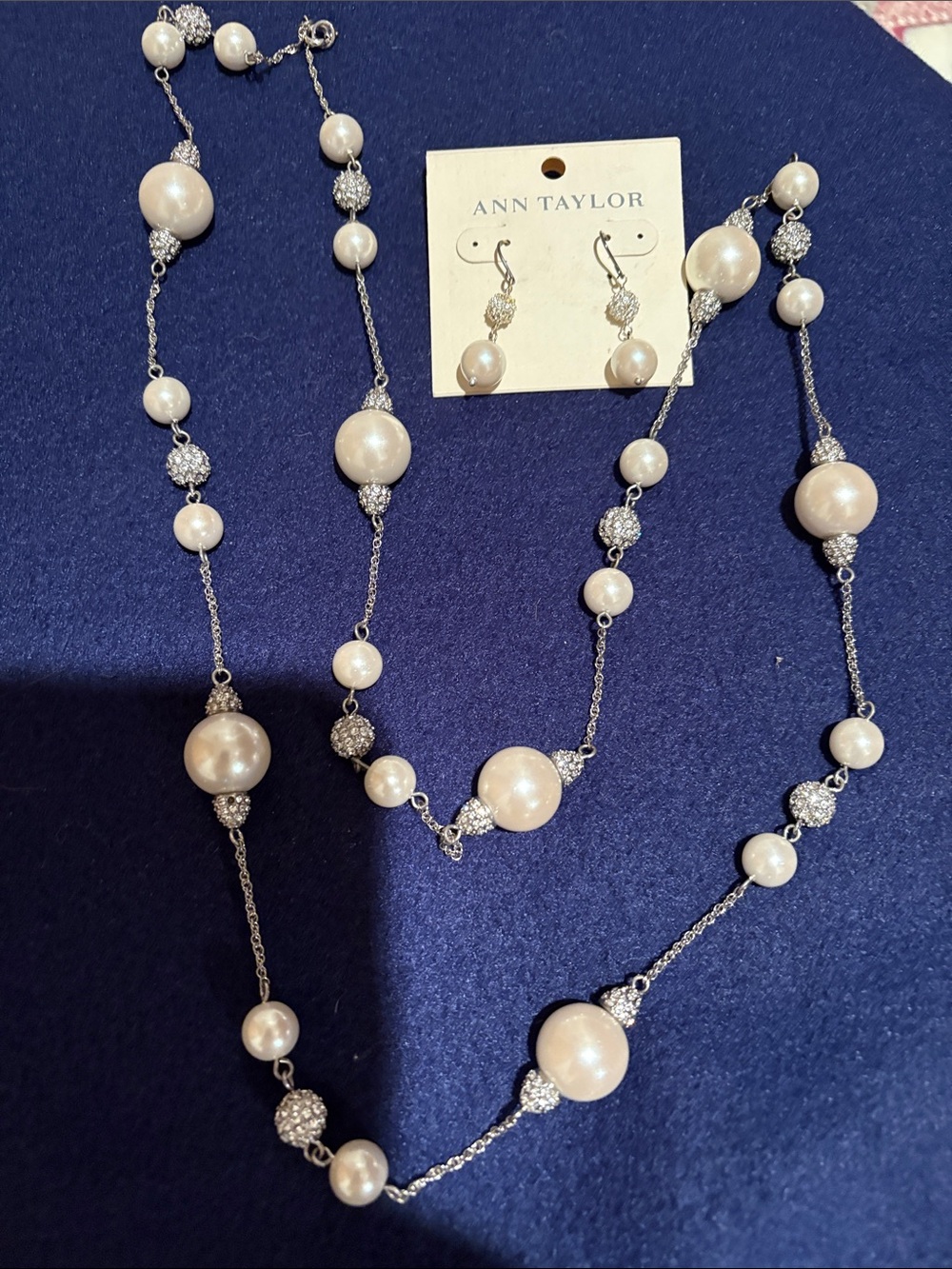 Ann Taylor Ivory Pearl and Crystal Station Necklace with Matching Earrings